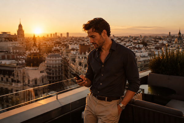 Profesional urbano utilizando aplicaci&oacute;n de contactos en Madrid