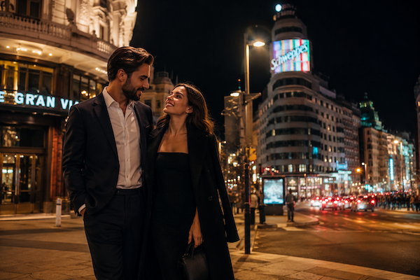 Pareja elegante paseando de noche por el centro de Madrid